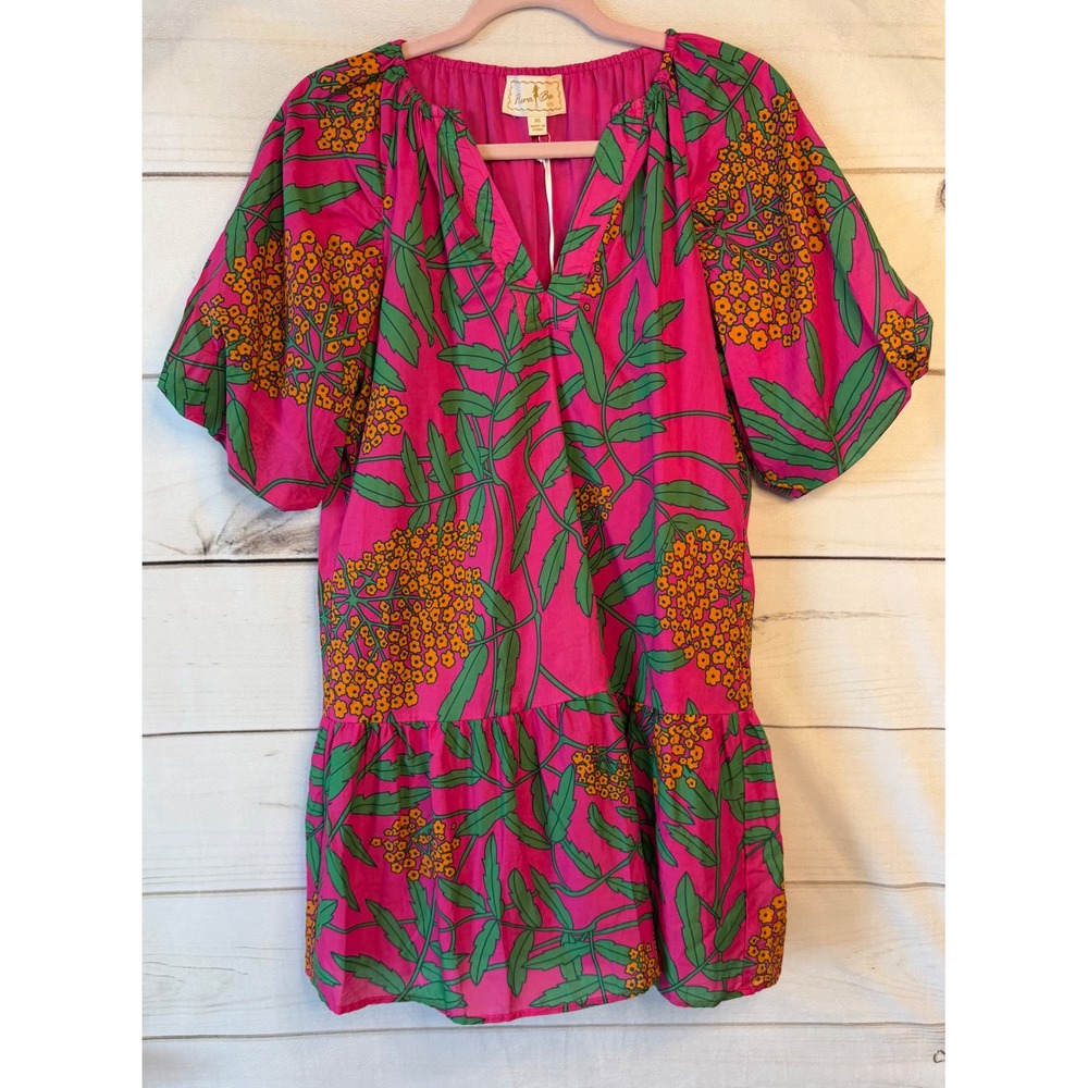 Flora Bea NYC Meena Dress Poppy Pink Floral Cotton Mini XS FM6878POP